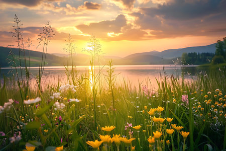 Serene lake scene featuring a vibrant wildflower meadow, tall grasses, and a stunning golden sunset reflecting on the water and illuminating distant hills and clouds.の素材