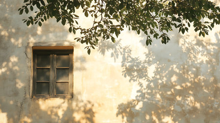 View of an old window with a wooden frame set in a weathered wall with leaves above casting shadows. The soft light enhances the texture of the building.の素材