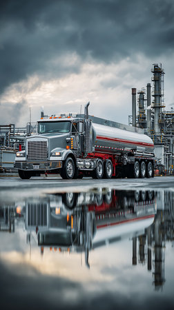 Striking image featuring a shiny silver tanker truck mirrored on wet pavement, with an industrial plant and a dramatic cloudy sky serving as the backdrop.の素材