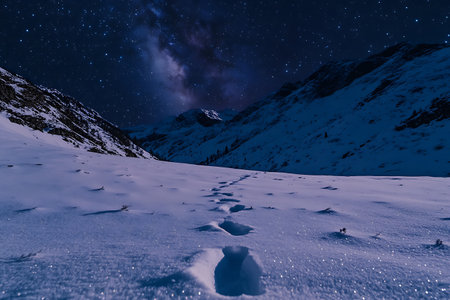 A captivating low-angle view of footprints leading across a snow-covered mountain valley under a dark, starry night sky revealing the Milky Way galaxy.の素材