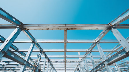Low-angle view of a building under construction. The steel frame is prominently featured against a clear blue sky, highlighting the structure's geometric pattern.の素材