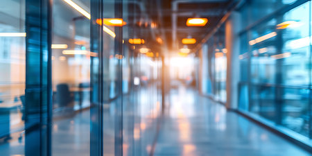 Abstract blurred view of an office hallway featuring glass-walled offices and bright, modern lighting. The scene evokes a contemporary and dynamic workspace atmosphere.の素材