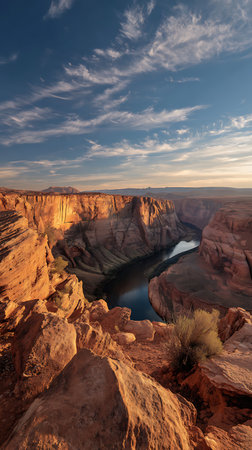 Striking view of Horseshoe Bend and the Colorado River winding through the canyon under a cloudy sky. The landscape is characterized by red rocks and desert vegetation.の素材