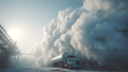 Silver tanker truck stationed amidst heavy billowing smoke alongside industrial pipeline structures beneath a clear sky, conveying industrial power and environmental concerns.の素材