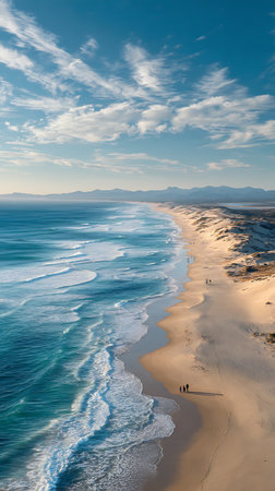Breathtaking aerial panorama showcasing a long sandy beach meeting vibrant turquoise ocean waves. Distant mountains and scattered cloud formations complete this serene coastal scene.の素材