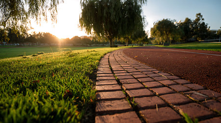 Perspective view of a brick path curving alongside green grass and a running track at golden hour. Sunlight filters through trees creating a peaceful outdoor scene.の素材