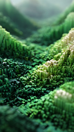 Macro shot of a green landscape constructed from tiny cubes and pixels, creating an abstract topographical map. The cubes vary in height, mimicking terrain.の素材