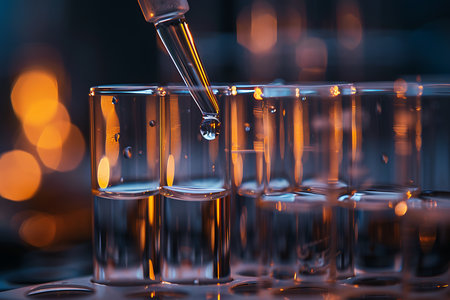 A close-up shot depicts a dropper releasing liquid into a rack of test tubes filled with a clear liquid. The golden-toned lighting accents the experiment, hinting at scientific study.の素材