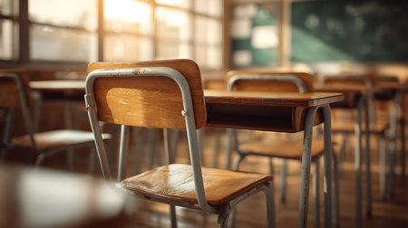 Tranquil image depicting an empty classroom, showcasing rows of wooden school desks and chairs bathed in soft, diffused sunlight filtering through large windows.の素材