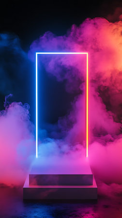 Image features a neon rectangle centered on a stage, dramatically enveloped in colorful smoke. Hues of blue, purple, orange, and pink enhance the ethereal atmosphere around the shape.の素材