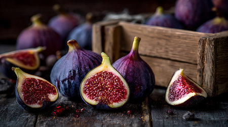 Close-up photograph showcasing whole and halved fresh figs on dark wood, with a rustic wooden crate blurred in the background. Red fig flesh is clearly visible.の素材