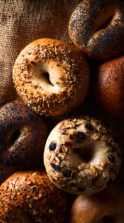 Overhead shot displaying a delectable assortment of fresh bagels arranged on a rustic burlap surface. Features sesame, poppyseed, blueberry, and an everything bagel variety.の素材