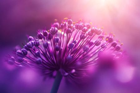 Macro capture unveils a captivating allium flower featuring purple blossoms and prominent yellow stamens against a soft, blurred gradient of pink and purple hues.の素材