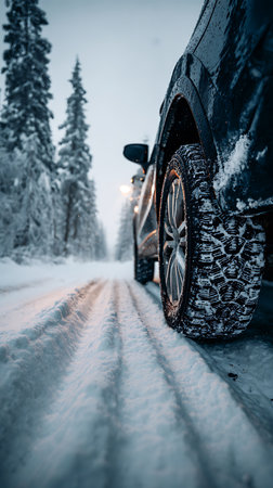 A close-up shows a car tire rolling on a snow-covered road through a forest in winter. Focus is on the tire tread gripping the snow with winter trees visible.の素材