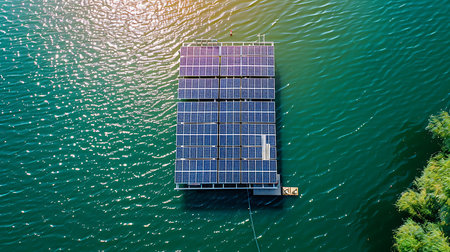 An aerial shot of a rectangular floating solar panel array on shimmering water. The panels reflect the clear sky while positioned next to waterside vegetation.の素材