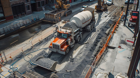 Elevated view of an orange concrete truck unloading gravel at an urban construction site. Equipment and barriers surround the road work on a partly sunny day.の素材