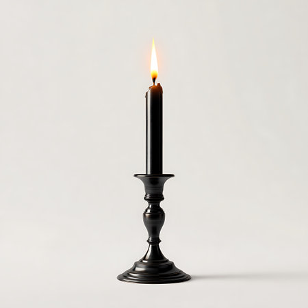 Striking view of a single black candle burning brightly in an ornate, dark metal candleholder, set against a plain white background. The candle flame flickers elegantly.の素材