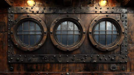 A detailed close-up showcases three round, barred porthole windows set into dark, distressed wood paneling, accented by riveted metal straps and warm, overhead lights.の素材