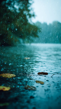 View of heavy rain falling onto a lake's surface, creating ripples and reflections. Leaves are floating nearby, and blurred trees appear in the background beneath the cloudy sky.の素材