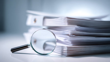 Closeup shows a magnifying glass laid against a large stack of white paper sheets and documents. White background highlights textures and depth of pile for review.の素材