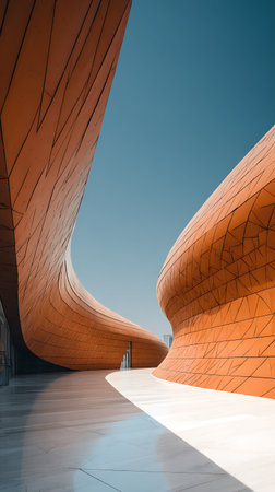 Curved, orange building exteriors form a striking pathway beneath a vast, clear blue sky. Geometric panels cover the facade, creating a visually textured surface with reflective ground.の素材