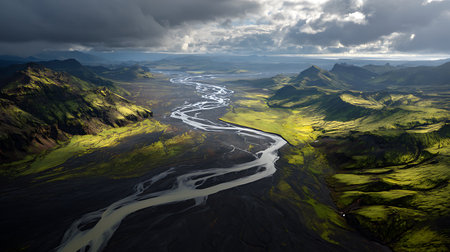Aerial view of a glacial braided river winding through the striking Icelandic landscape of green moss-covered hills and black sand under a dramatic, cloudy sky.の素材