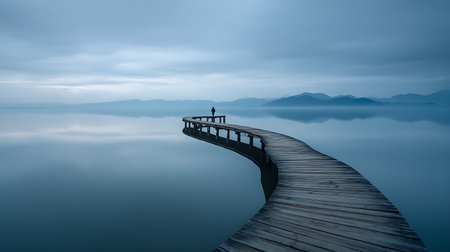 A lone person stands on a wooden pier that curves into a calm, reflective lake under a hazy, overcast sky with distant mountains. Serene and contemplative scene.の素材