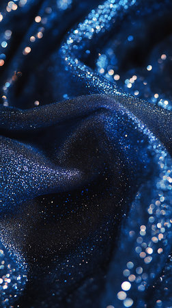Close-up of luxurious dark blue fabric with a shimmering texture. Bokeh lights add a magical touch, creating a sophisticated and elegant aesthetic. Ideal for backgrounds and designs.の素材