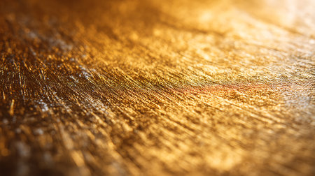 Macro photograph showcasing an abstract gold textured background. Bright light reflecting off the surface creates streaks and lines, adding depth to the metallic shine.の素材