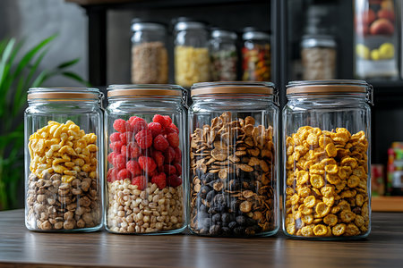 View of four glass jars containing different types of food - grains, berries, and cereal - displayed attractively on a wooden surface with more jars in the background.の素材