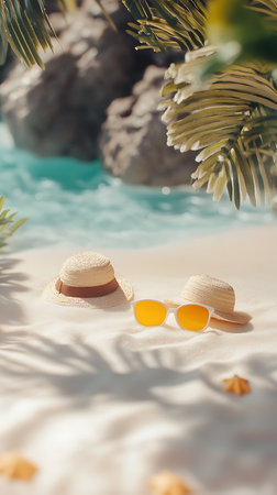 A scenic beach view featuring straw hats and yellow sunglasses resting on the sand, against the backdrop of turquoise water and palm fronds casting shadows.の素材