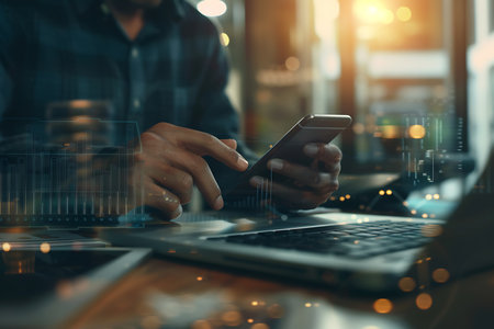 Close-up of a man's hands using a smartphone, placed above a laptop. The image includes translucent data visualization overlays with graphs and digital diagrams.の素材