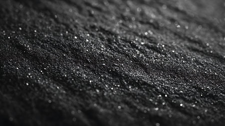 Detailed view of a textured black surface speckled with fine granules and highlights, creating a sparkling bokeh effect. The light reflects across the terrain.の素材