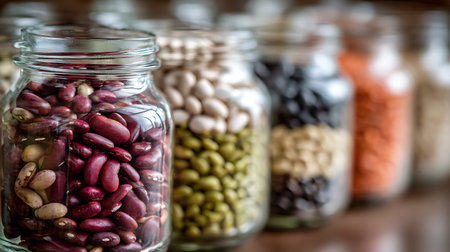 Close-up of glass jars filled with different types of dried beans kidney, lima, green, black eyed peas, and lentils. Cooking ingredients for meal prep, healthy nutrition.の素材