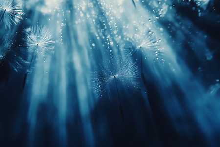 Captivating close-up showcases dandelion seeds adorned with dewdrops, bathed in a calming blue light. The serene composition creates a dreamy, ethereal atmosphere.の素材