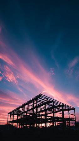 A striking silhouette of a building's metal framework is set against a captivating sunset sky, showcasing vibrant shades of pink and blue with textured clouds.の素材