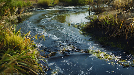 A close-up view capturing a stream flowing between algae-covered banks. The water ripples with subtle reflections, amidst reeds and moss. The scene evokes tranquility.の素材