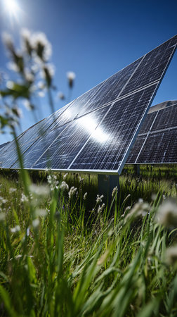 Close-up image showcasing solar panels angled towards a clear blue sky, reflecting sunlight. Green grass and white flowering plants fill the foreground, adding natural texture.の素材