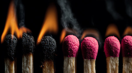 Macro image shows lit matches burning and unlit pink-tipped matches side-by-side against a dark backdrop, highlighting the progression from flame to potential.の素材