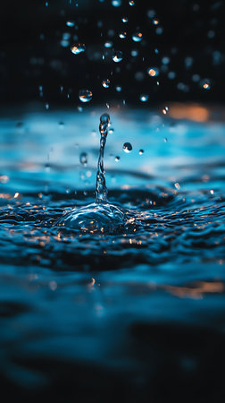 A crisp, macro shot captures the fleeting moment of a water drop impacting a surface. The scene includes ripples, falling droplets, and subtle, golden reflections enhancing the blue liquid.の素材
