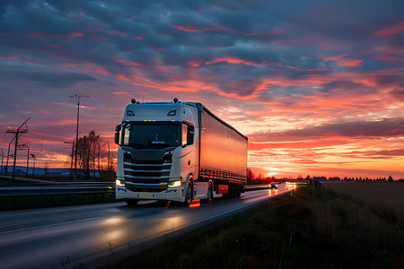 A modern white semi-truck travels on a highway at dusk, lit by headlights with an orange sunset. Another vehicle follows behind on the wet asphalt road.の素材