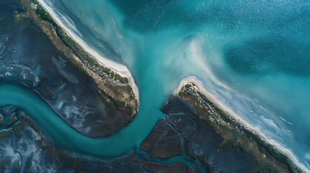Striking aerial photograph showcases turquoise ocean water meeting dark mudflats interspersed with greenery and bright sandy shores, revealing a unique coastal landscape.の素材