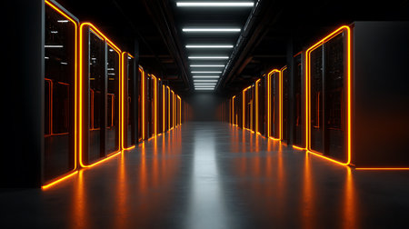 Illuminated server room featuring a long corridor flanked by rows of dark server racks outlined with bright orange neon lighting. Overhead fluorescent lighting illuminates the space.の素材