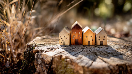 Close up captures four small wooden houses arranged neatly on a textured tree stump, bathed in warm sunlight within a natural forest setting.の素材