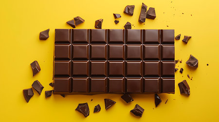 Directly above view showcases a dark chocolate bar with small broken pieces scattered around the slab, placed on a vibrant yellow background.の素材