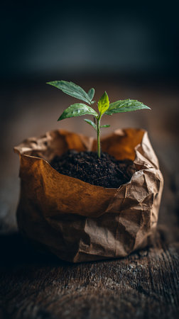 Macro shot shows a seedling with vibrant green leaves emerging from dark soil within a crumpled brown paper bag, resting on a weathered wooden surface.の素材