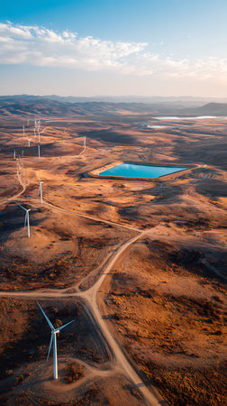 Aerial view captures multiple wind turbines across rolling hills, leading to a large reservoir of blue water, under a partly cloudy blue sky at sunset.の素材