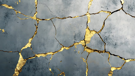 An abstract close-up image shows a gray concrete surface with visible cracks, meticulously repaired with contrasting golden lines in a Kintsugi-style aesthetic.の素材