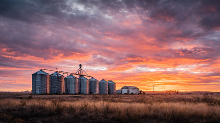 Striking photograph showcasing a row of grain bins and farm buildings under a vibrant, fiery orange sunset sky filled with textured clouds, emphasizing the rural landscape.の素材