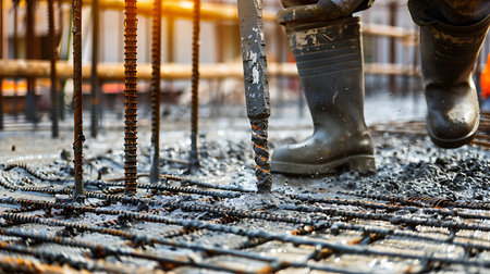 Low-angle shot showcases a construction worker in rubber boots standing on a rebar grid during a concrete pour, using equipment amidst the wet, messy construction site.の素材